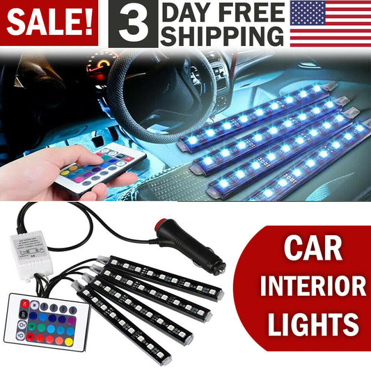 Car Interior Lights Neon Atmosphere RGB LED Strip Bar Car Decor Lighting Lamp US